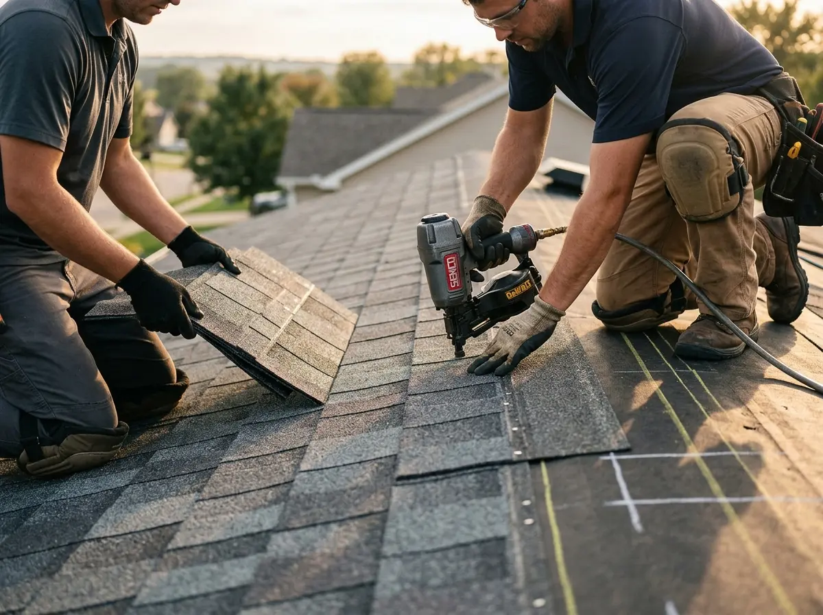 Professional roofer working on a residential roof in Piscataway